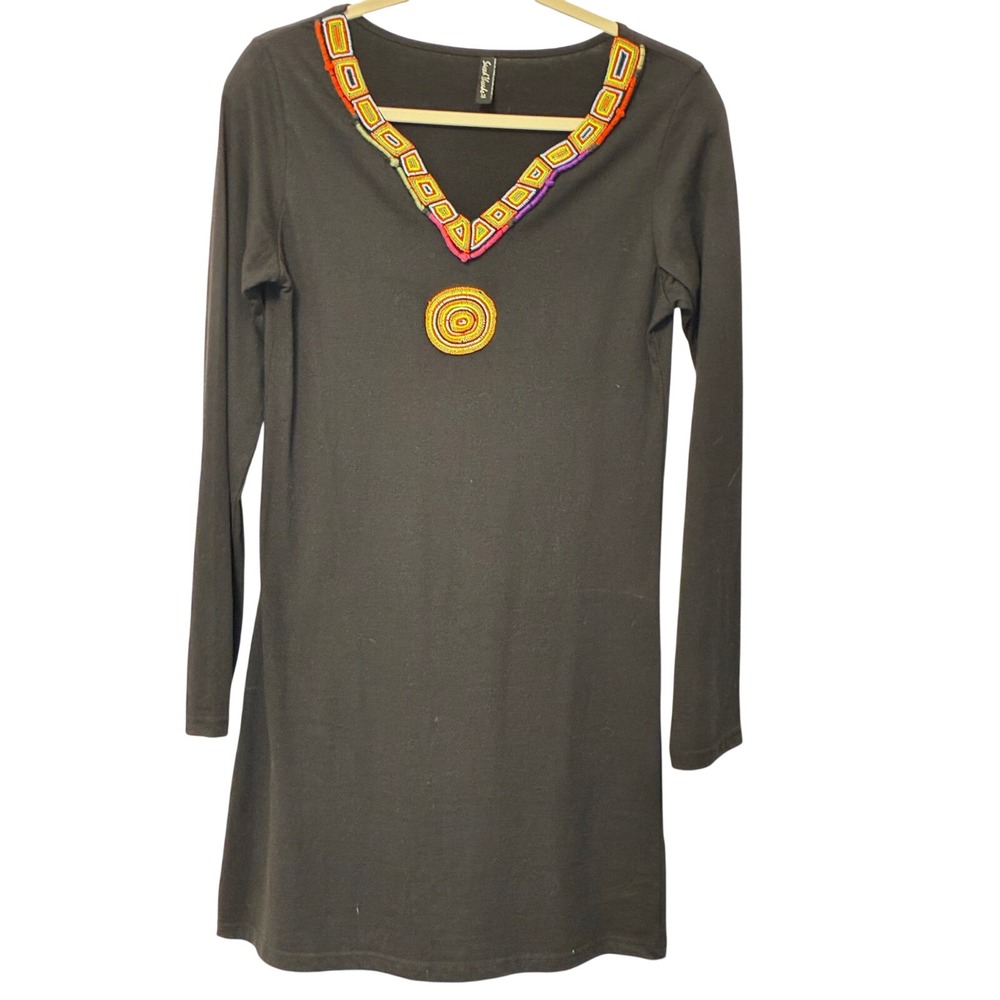 Sacred Threads Vintage Black Beaded Boho Mini Dress Tunic Long Sleeve Womens M